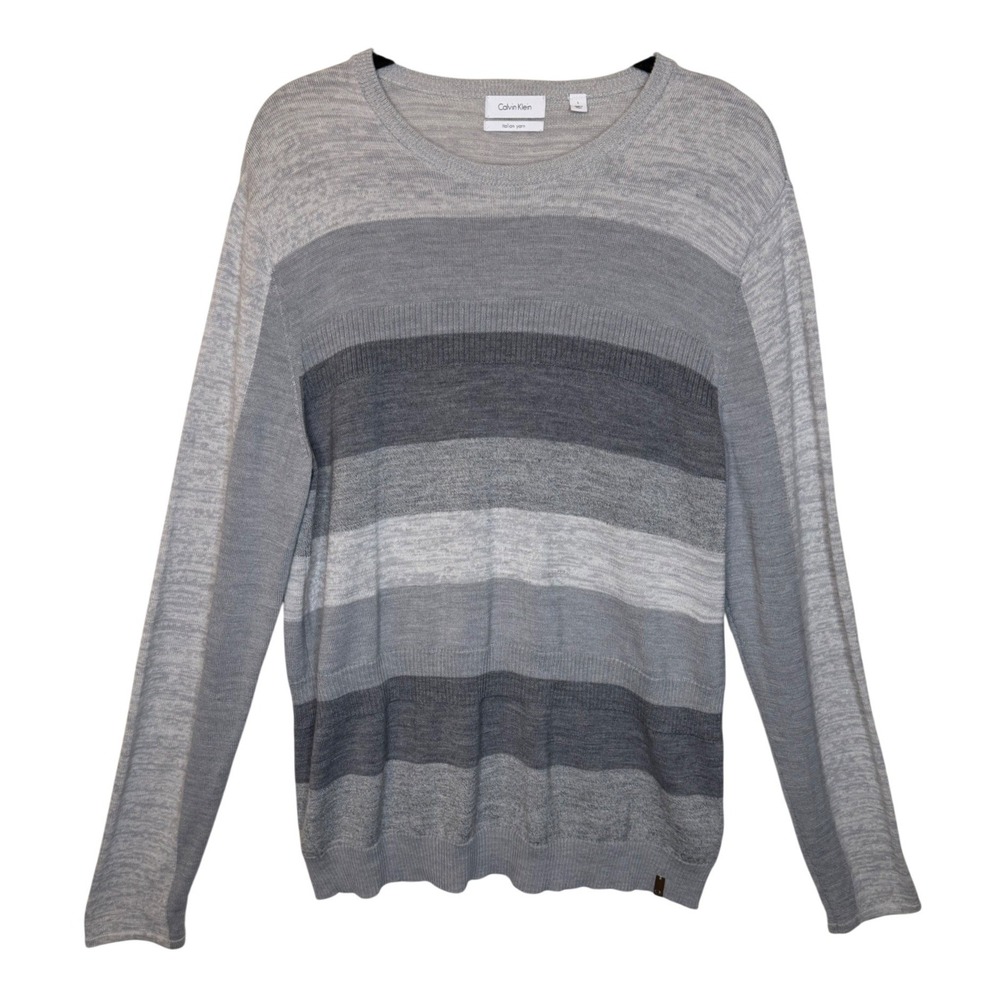 Calvin Klein Mens Gray Striped‎ Merino Wool Blend Italian Yarn Sweater Large